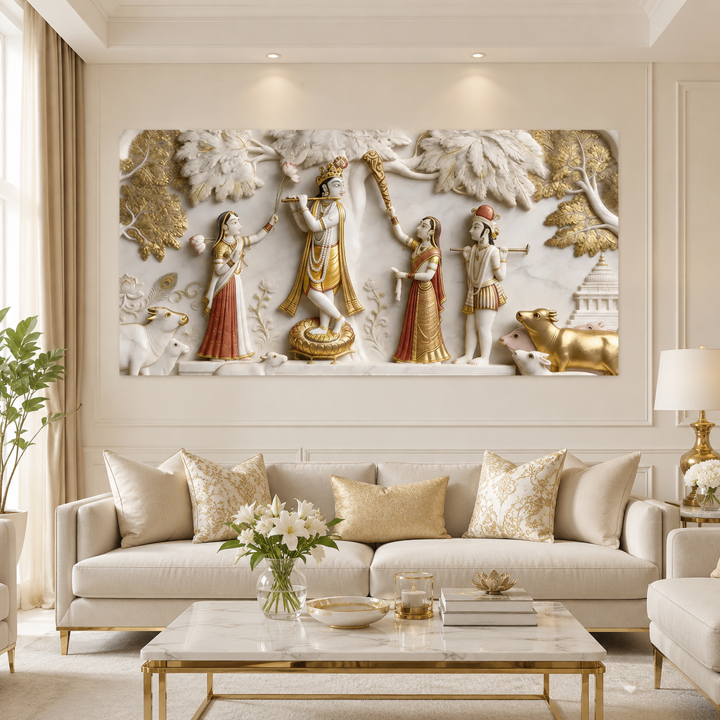 Auspicious 3D Radha Krishna with Gopis and Kamdhenu Cows Canvas Painting for Vastu Wall Decor