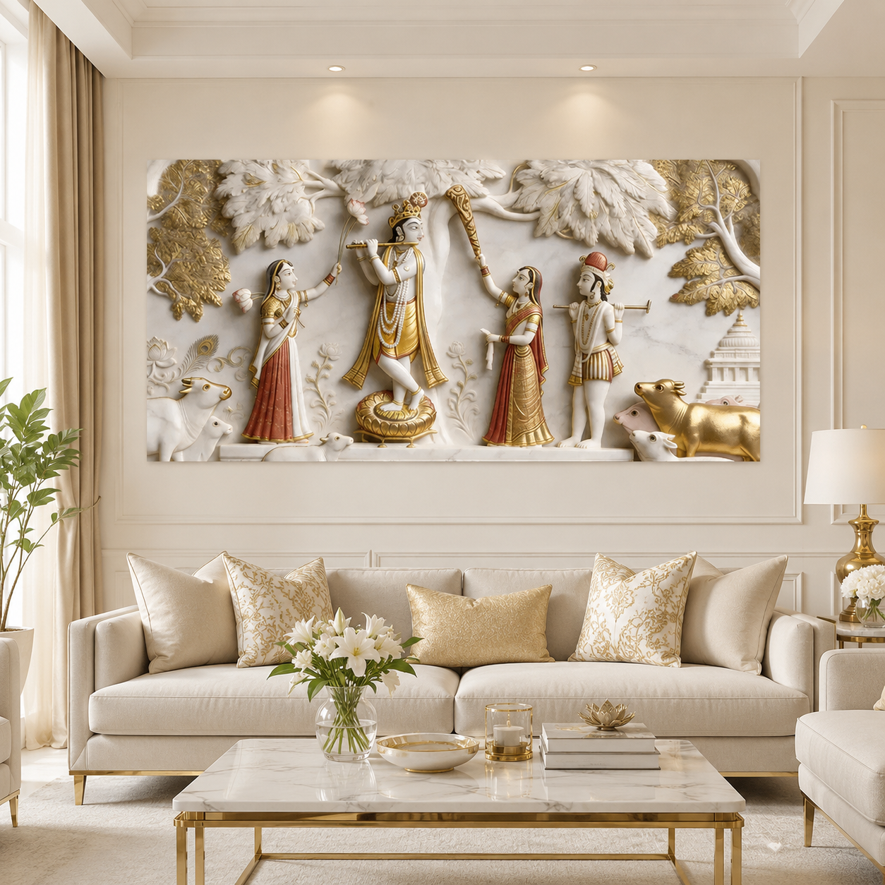 Auspicious 3D Radha Krishna with Gopis and Kamdhenu Cows Canvas Painting for Vastu Wall Decor