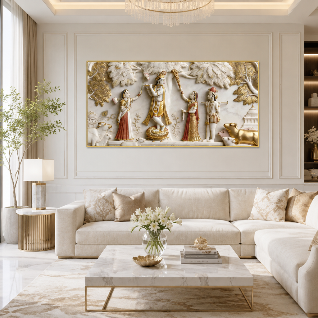 Auspicious 3D Radha Krishna with Gopis and Kamdhenu Cows Canvas Painting for Vastu Wall Decor