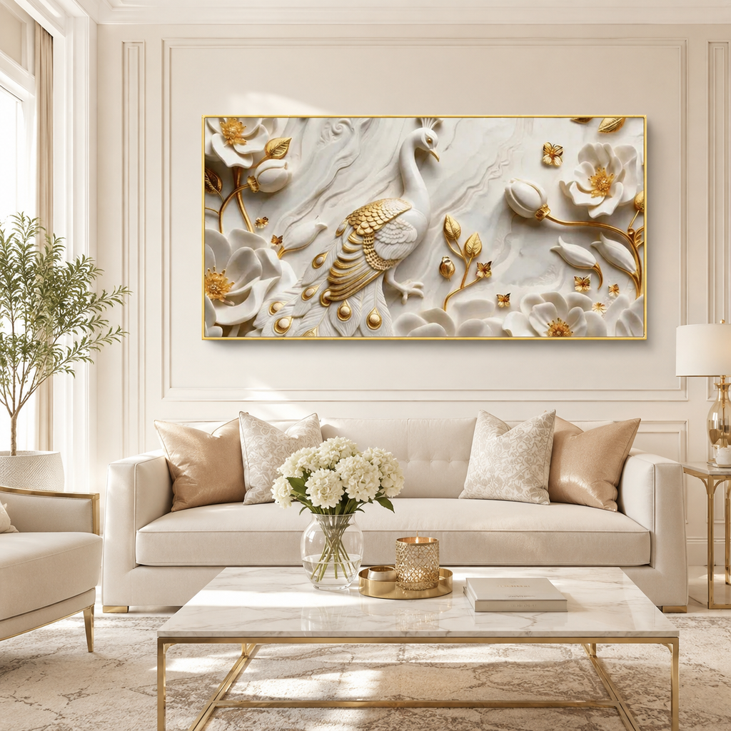 Contemporary 3D Sculpted Peacock Feature Wall Art Modern Luxury Nature Canvas Painting for Living Room