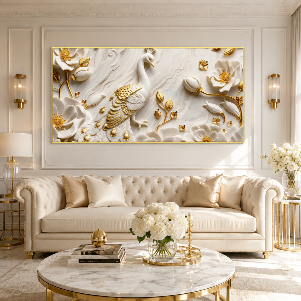 Contemporary 3D Sculpted Peacock Feature Wall Art Modern Luxury Nature Canvas Painting for Living Room