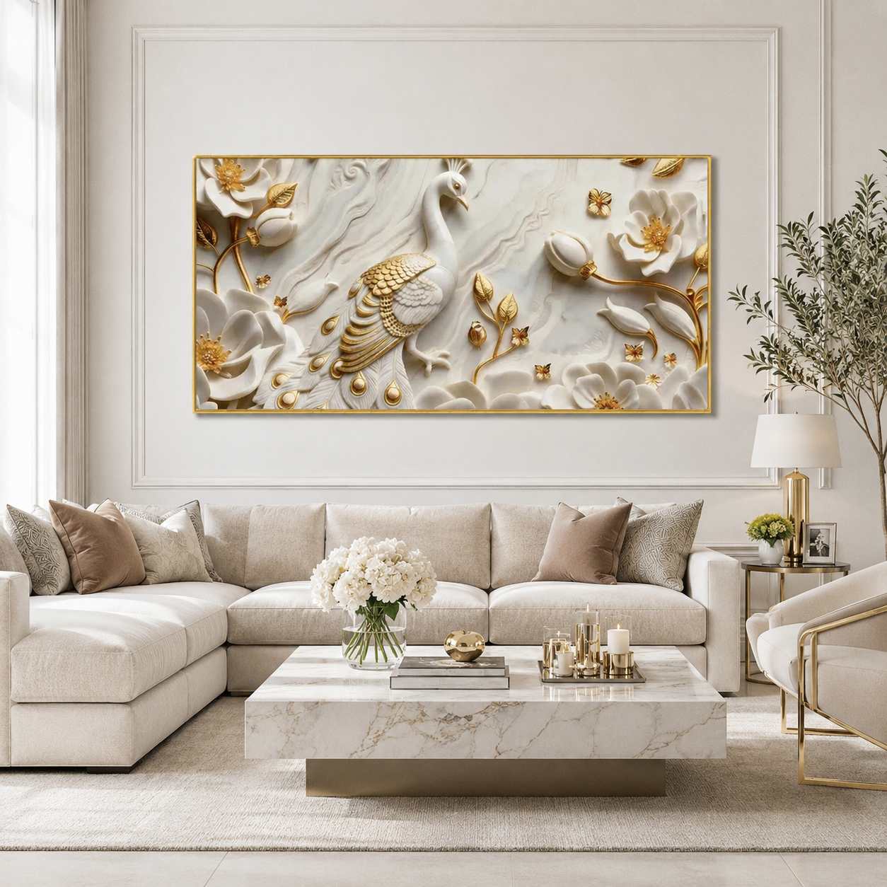 Contemporary 3D Sculpted Peacock Feature Wall Art Modern Luxury Nature Canvas Painting for Living Room