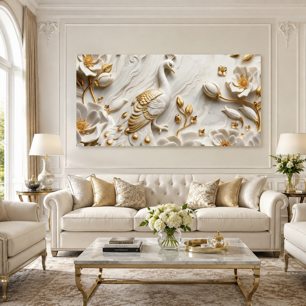 Contemporary 3D Sculpted Peacock Feature Wall Art Modern Luxury Nature Canvas Painting for Living Room