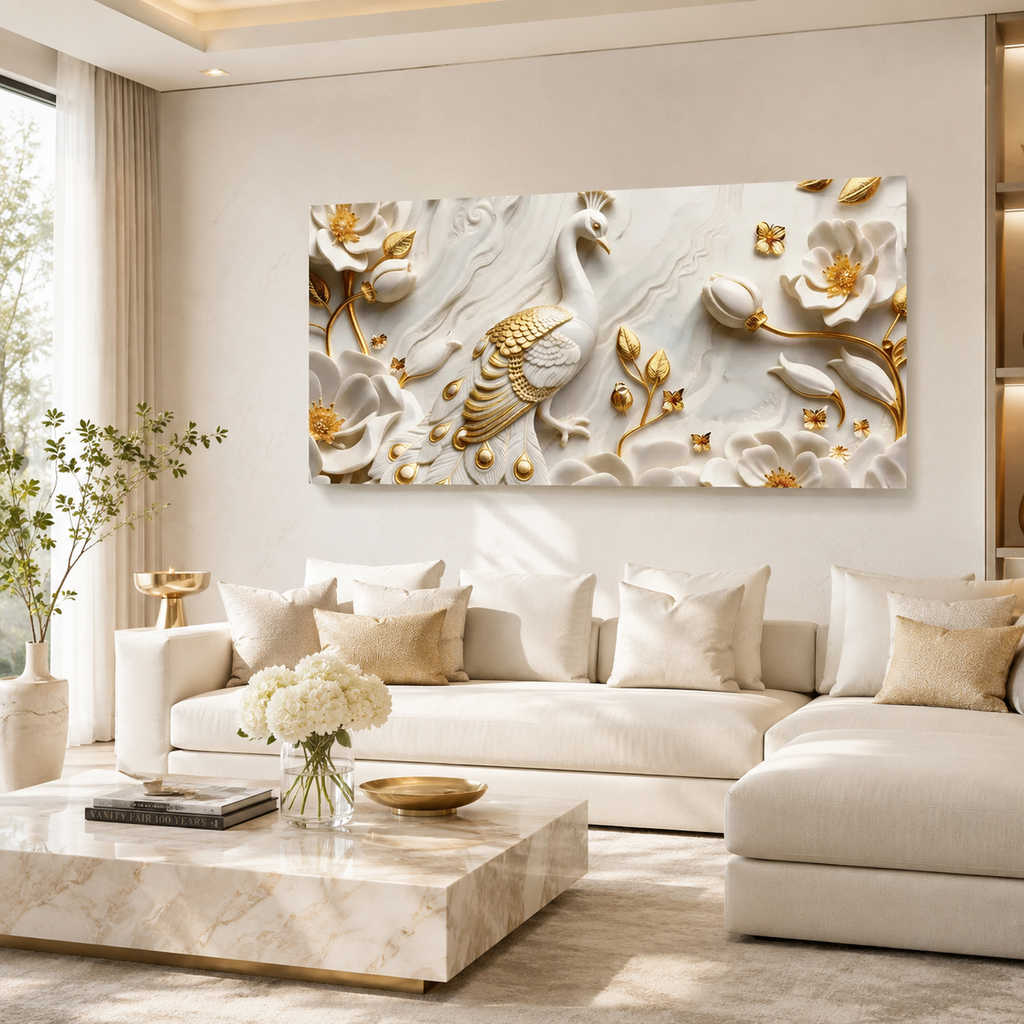 Contemporary 3D Sculpted Peacock Feature Wall Art Modern Luxury Nature Canvas Painting for Living Room