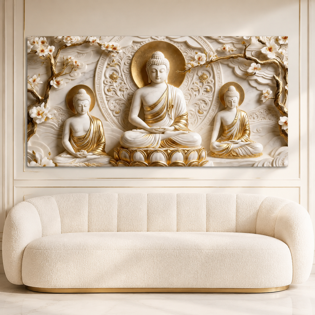 Divine Three Buddha Floral 3D Look Canvas Painting for Bedroom Wall Decor