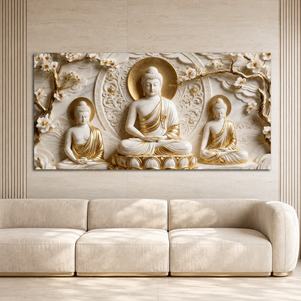 Divine Three Buddha Floral 3D Look Canvas Painting for Bedroom Wall Decor