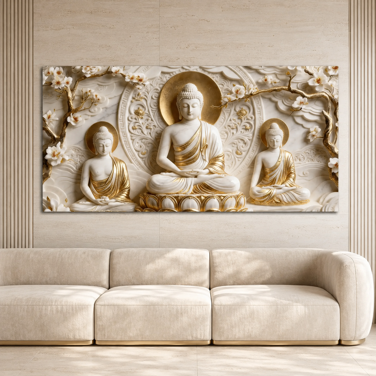 Divine Three Buddha Floral 3D Look Canvas Painting for Bedroom Wall Decor