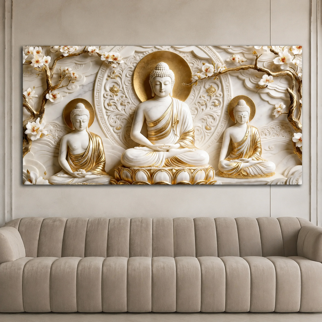 Divine Three Buddha Floral 3D Look Canvas Painting for Bedroom Wall Decor