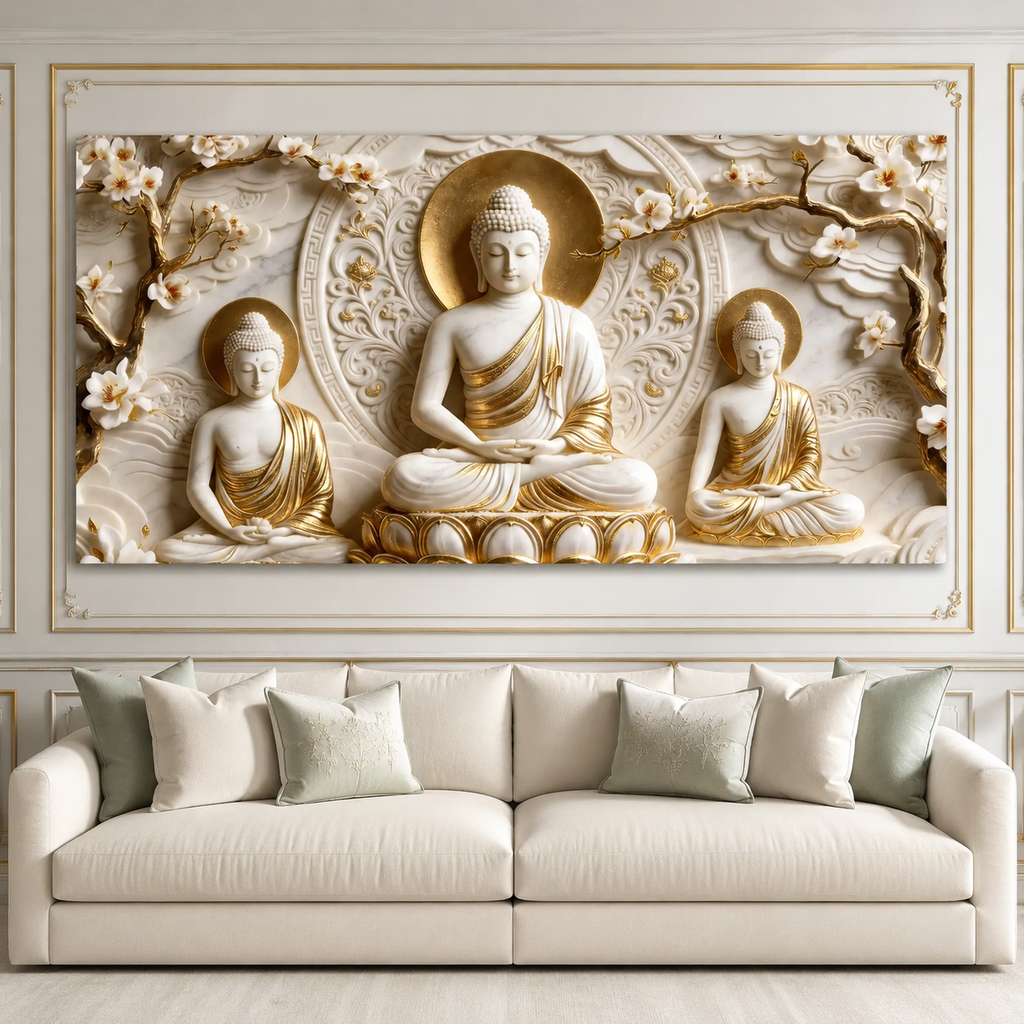 Divine Three Buddha Floral 3D Look Canvas Painting for Bedroom Wall Decor