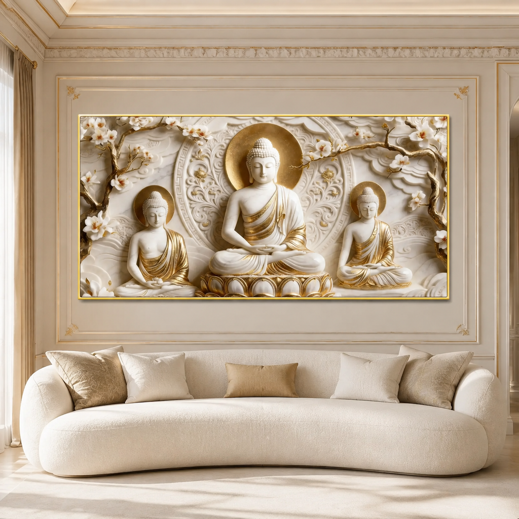 Divine Three Buddha Floral 3D Look Canvas Painting for Bedroom Wall Decor