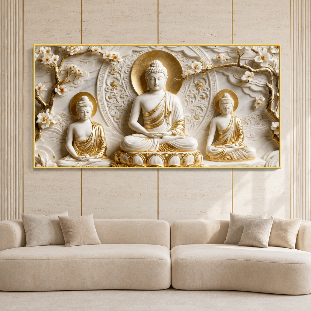 Divine Three Buddha Floral 3D Look Canvas Painting for Bedroom Wall Decor