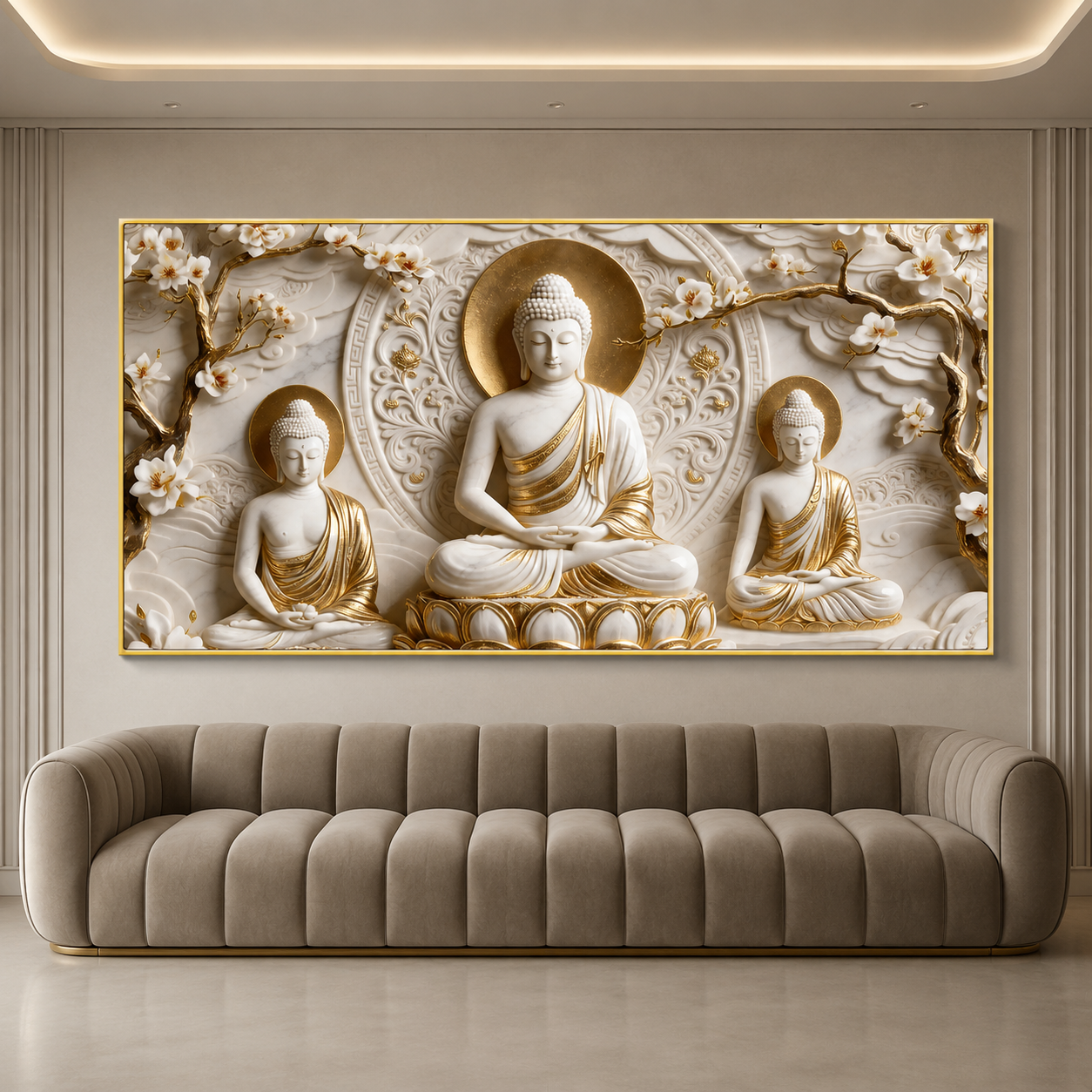 Divine Three Buddha Floral 3D Look Canvas Painting for Bedroom Wall Decor
