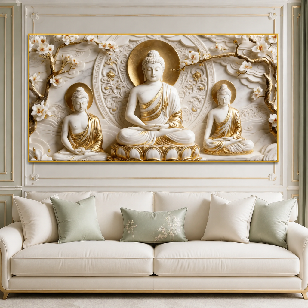 Divine Three Buddha Floral 3D Look Canvas Painting for Bedroom Wall Decor
