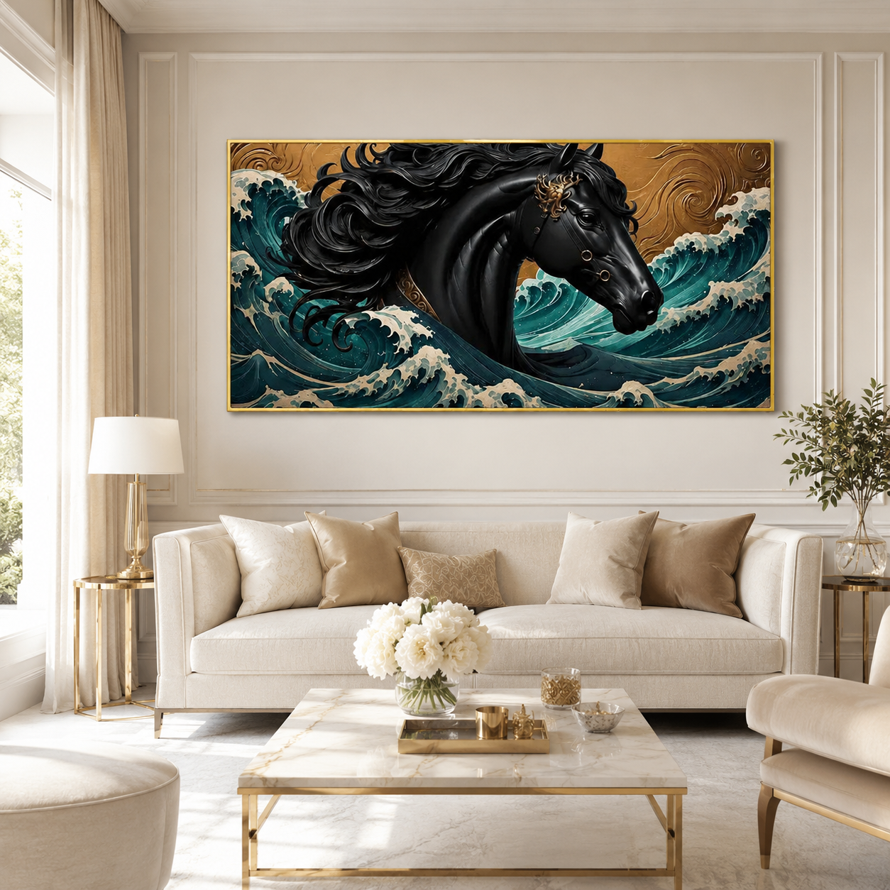Luxury Black Horse 3D Wall Art with Ocean Wave Design and Gold Accents for Living Room Decor