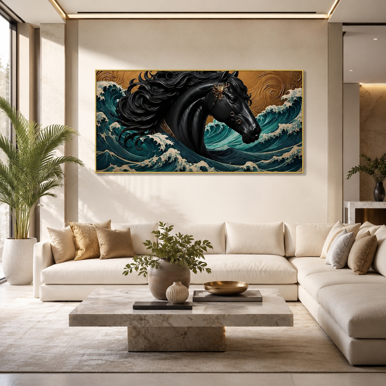 Luxury Black Horse 3D Wall Art with Ocean Wave Design and Gold Accents for Living Room Decor
