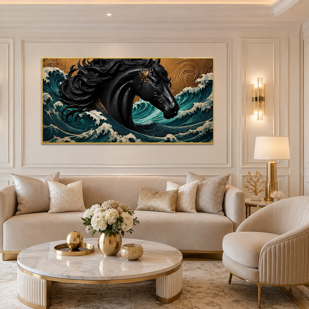 Luxury Black Horse 3D Wall Art with Ocean Wave Design and Gold Accents for Living Room Decor