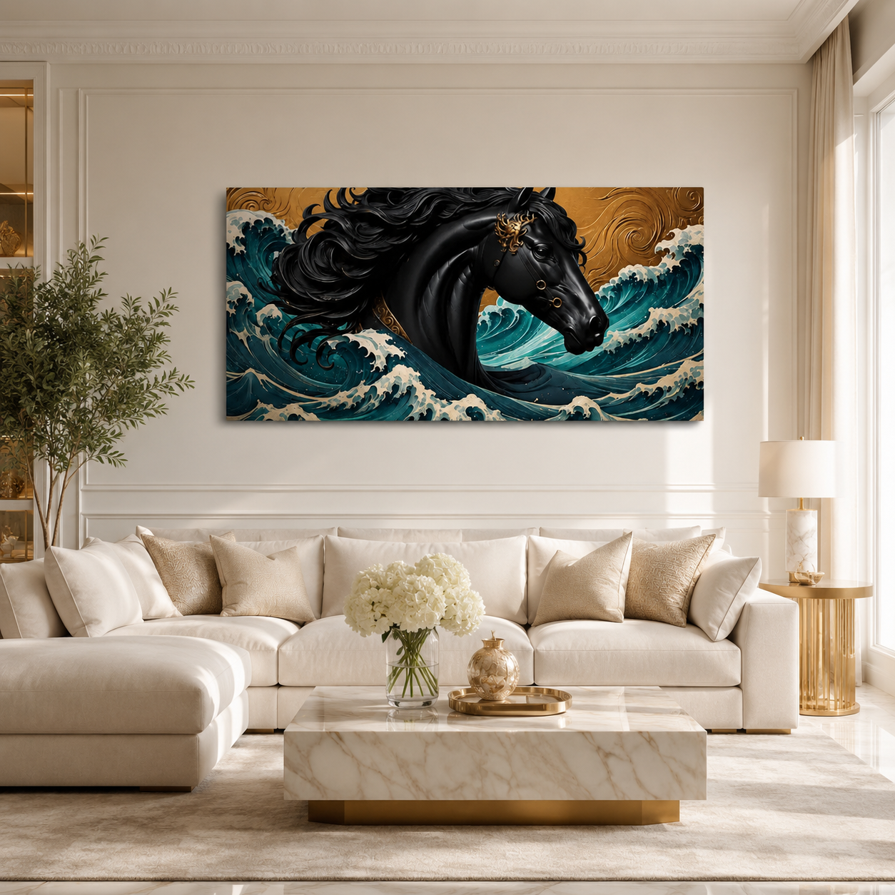 Luxury Black Horse 3D Wall Art with Ocean Wave Design and Gold Accents for Living Room Decor