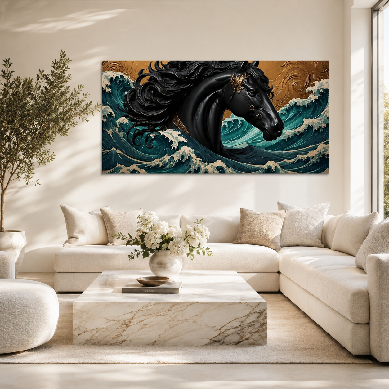Luxury Black Horse 3D Wall Art with Ocean Wave Design and Gold Accents for Living Room Decor