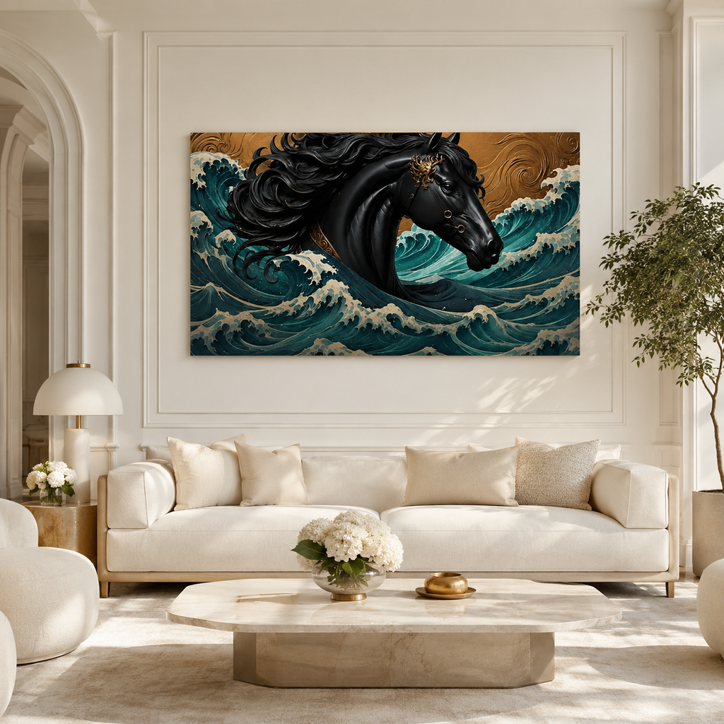 Luxury Black Horse 3D Wall Art with Ocean Wave Design and Gold Accents for Living Room Decor