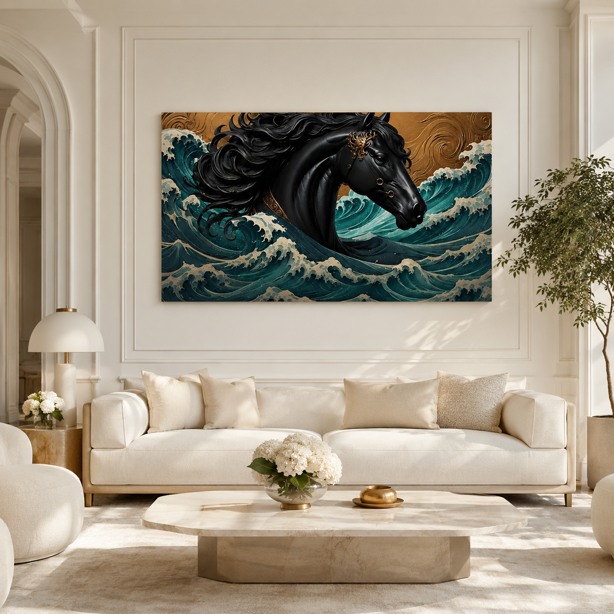Luxury Black Horse 3D Wall Art with Ocean Wave Design and Gold Accents for Living Room Decor