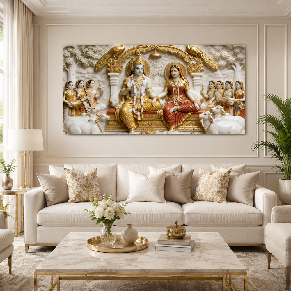 Magnificent Radha Krishna Darbar 3D Wall Decoration Premium Textured Relief Print Large Canvas Artwork