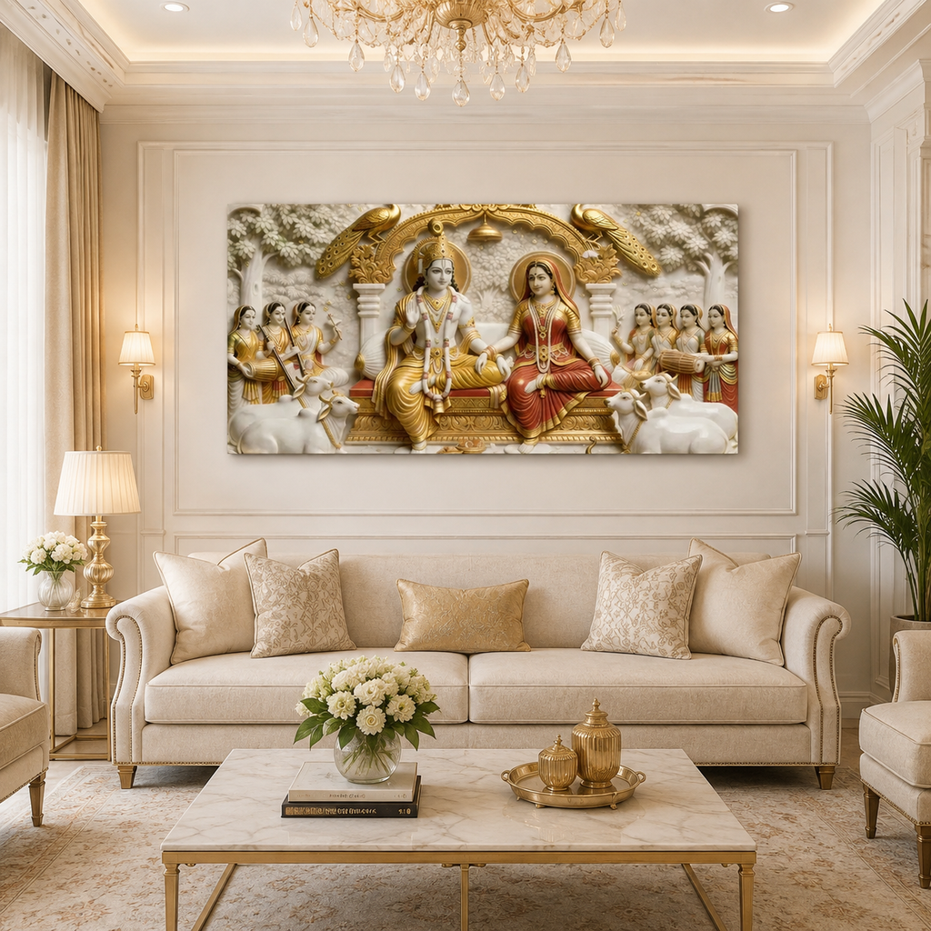 Magnificent Radha Krishna Darbar 3D Wall Decoration Premium Textured Relief Print Large Canvas Artwork