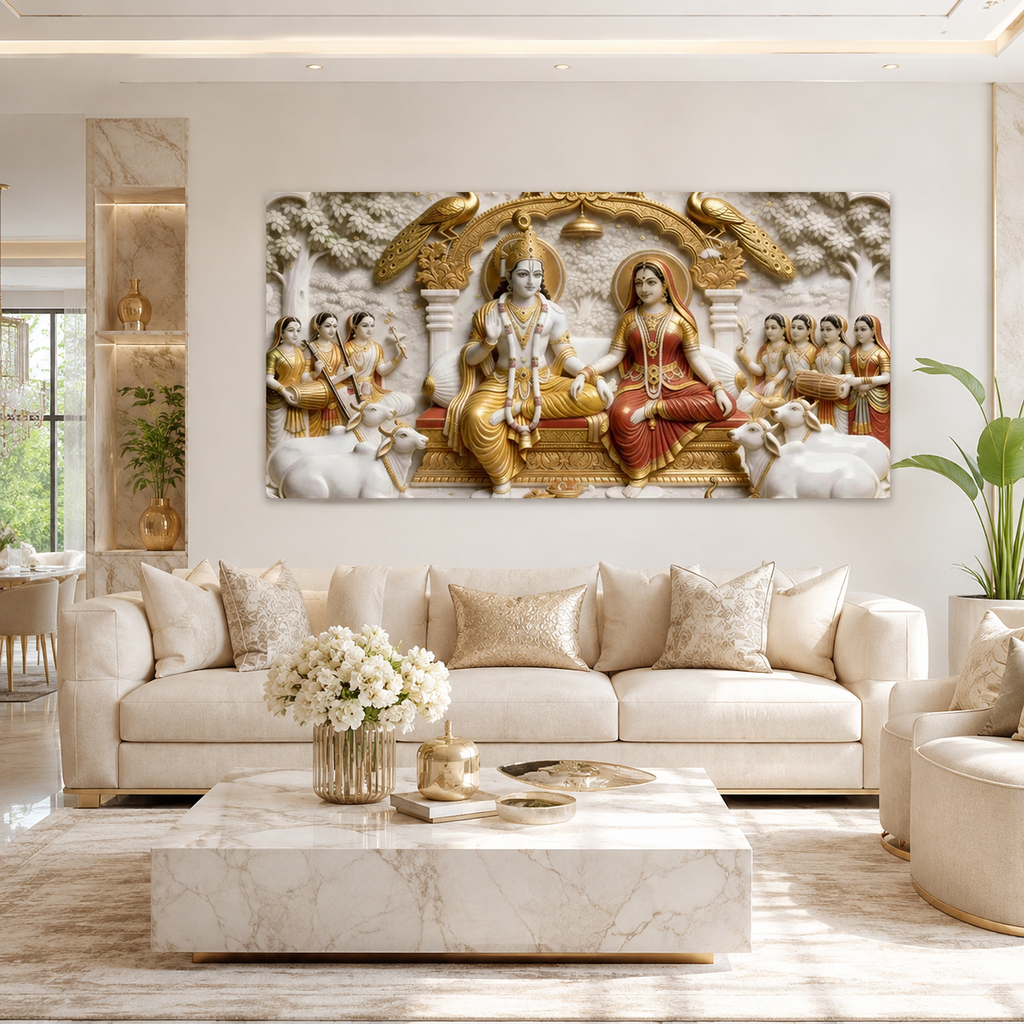 Magnificent Radha Krishna Darbar 3D Wall Decoration Premium Textured Relief Print Large Canvas Artwork