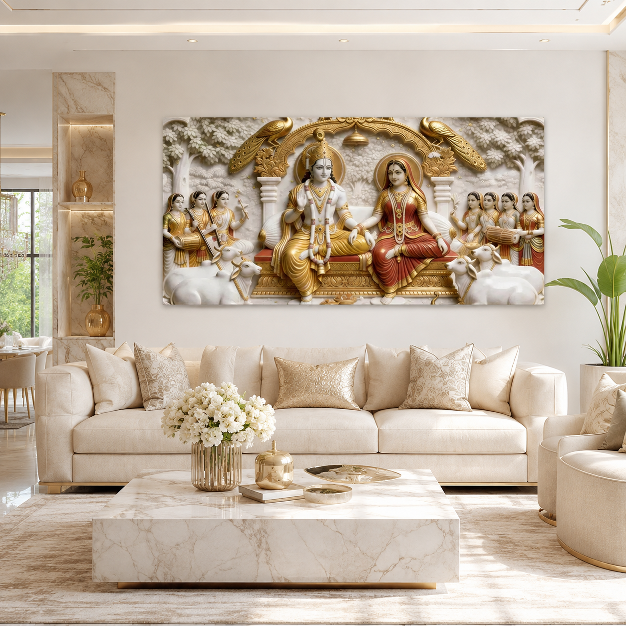 Magnificent Radha Krishna Darbar 3D Wall Decoration Premium Textured Relief Print Large Canvas Artwork