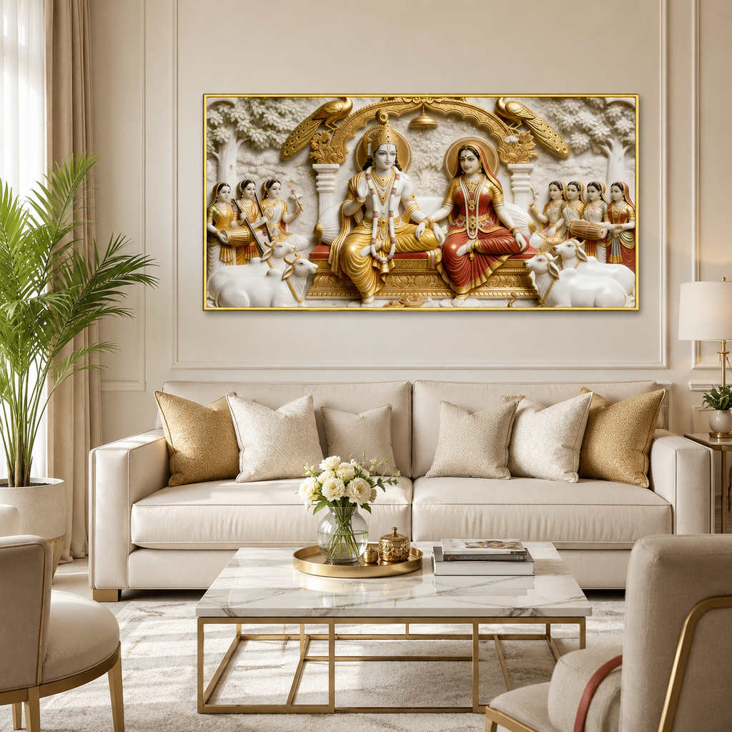 Magnificent Radha Krishna Darbar 3D Wall Decoration Premium Textured Relief Print Large Canvas Artwork