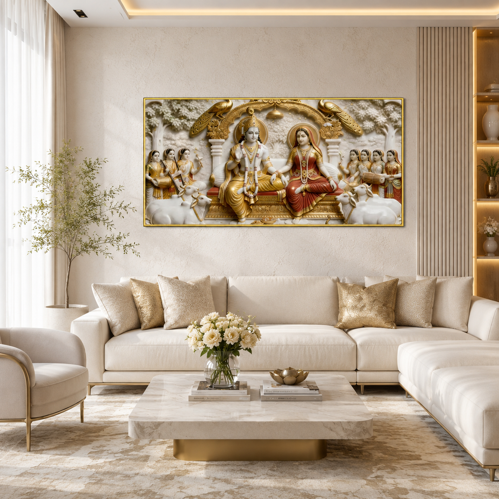 Magnificent Radha Krishna Darbar 3D Wall Decoration Premium Textured Relief Print Large Canvas Artwork