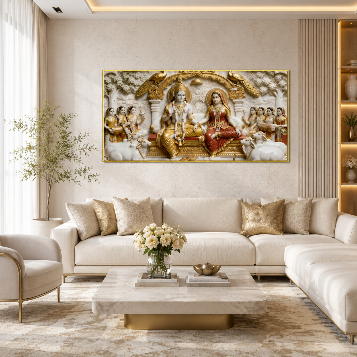 Magnificent Radha Krishna Darbar 3D Wall Decoration Premium Textured Relief Print Large Canvas Artwork