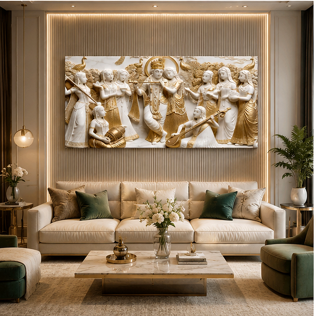 Elegant Modern 3D Wall Art Sculpted Marble Divine Radha Krishna and Gopis Canvas Painting