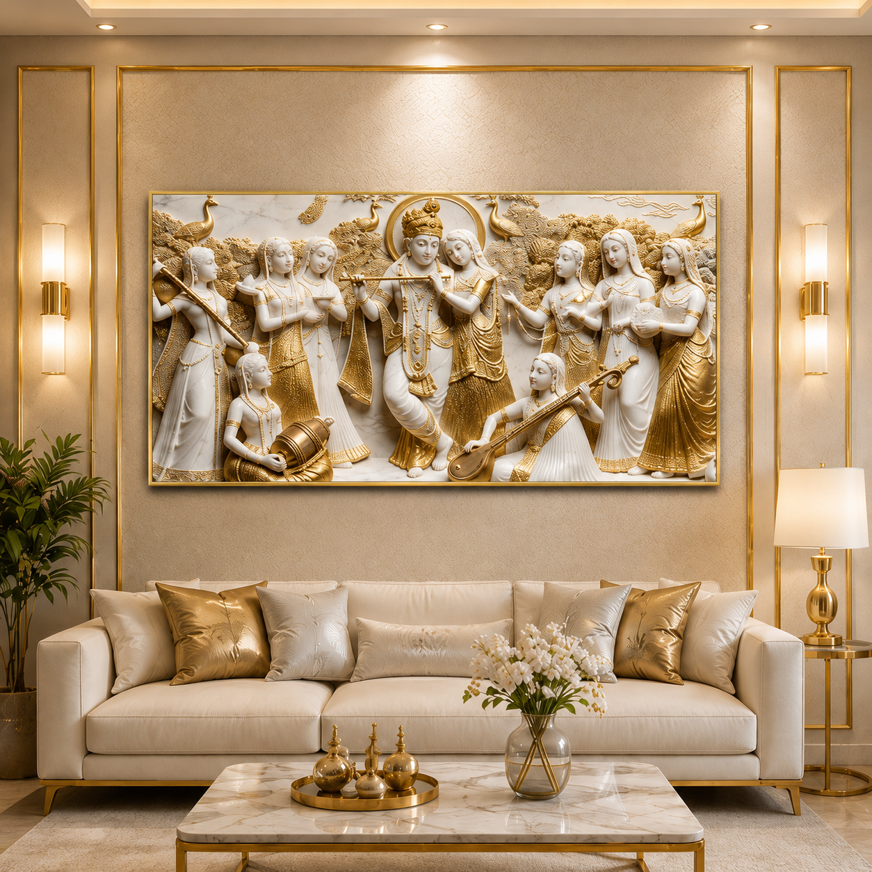Elegant Modern 3D Wall Art Sculpted Marble Divine Radha Krishna and Gopis Canvas Painting