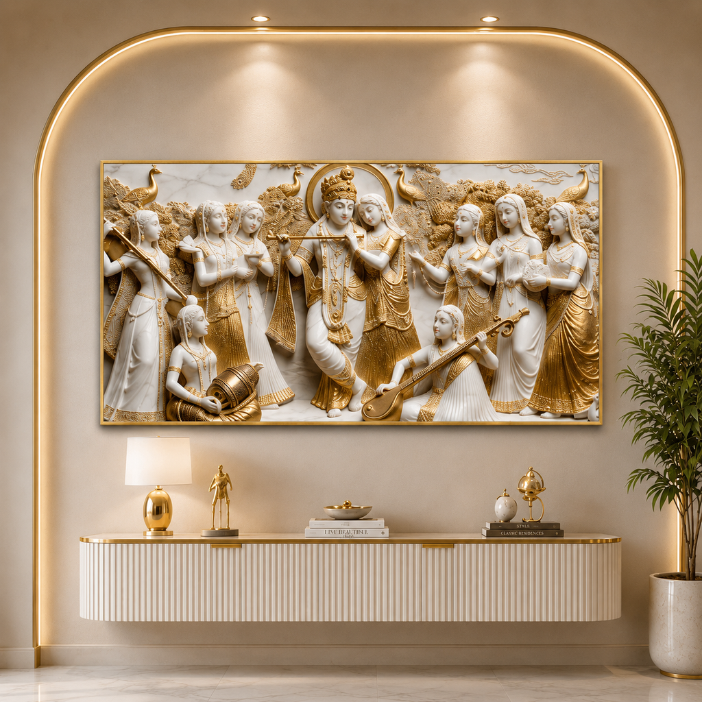 Elegant Modern 3D Wall Art Sculpted Marble Divine Radha Krishna and Gopis Canvas Painting
