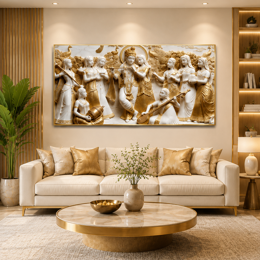 Elegant Modern 3D Wall Art Sculpted Marble Divine Radha Krishna and Gopis Canvas Painting