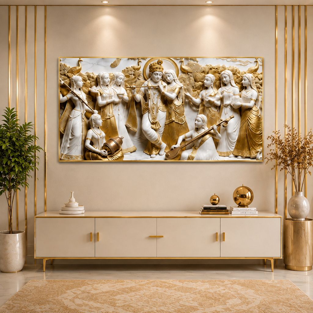 Elegant Modern 3D Wall Art Sculpted Marble Divine Radha Krishna and Gopis Canvas Painting