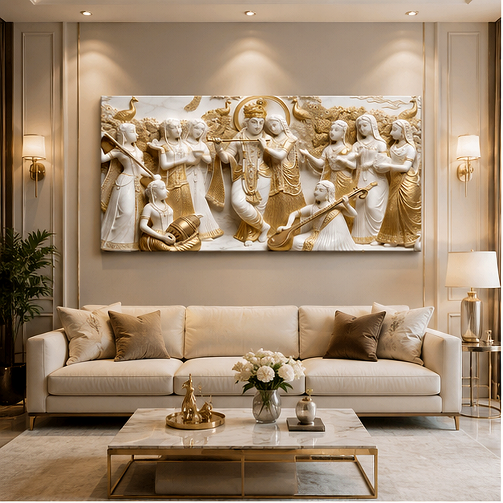 Elegant Modern 3D Wall Art Sculpted Marble Divine Radha Krishna and Gopis Canvas Painting