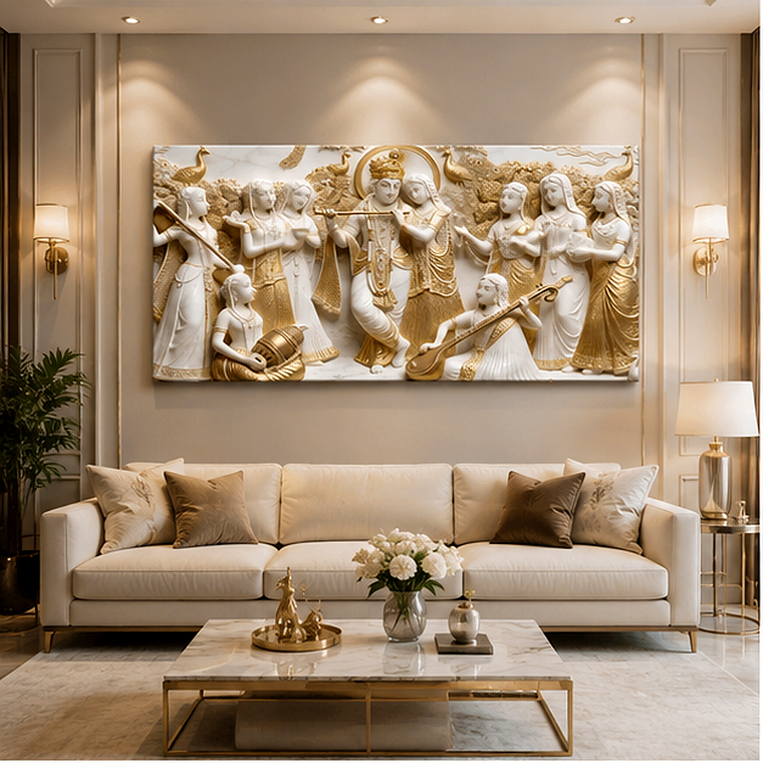 Elegant Modern 3D Wall Art Sculpted Marble Divine Radha Krishna and Gopis Canvas Painting