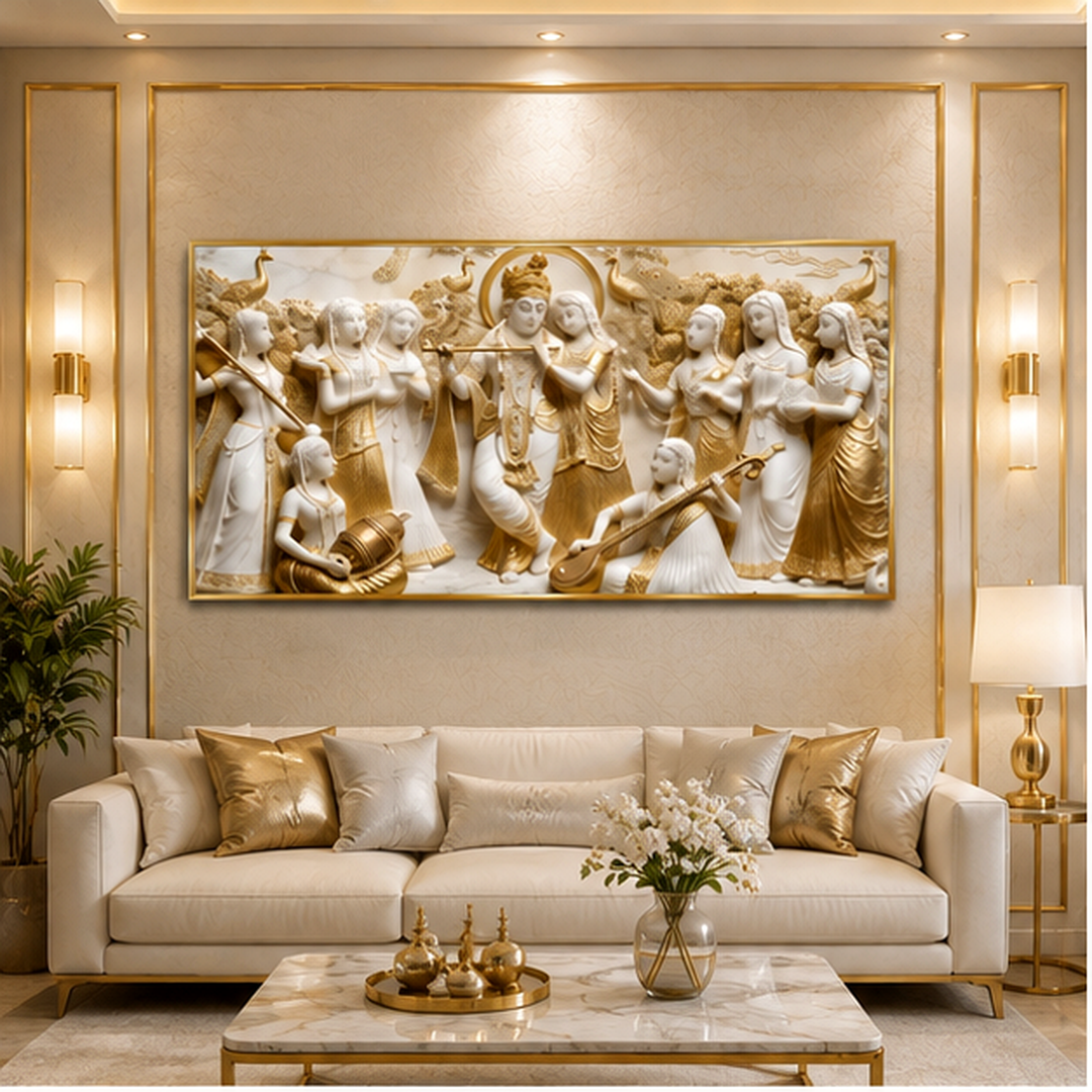 Elegant Modern 3D Wall Art Sculpted Marble Divine Radha Krishna and Gopis Canvas Painting