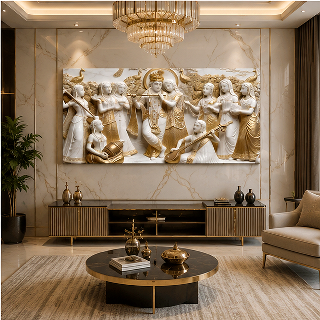 Elegant Modern 3D Wall Art Sculpted Marble Divine Radha Krishna and Gopis Canvas Painting