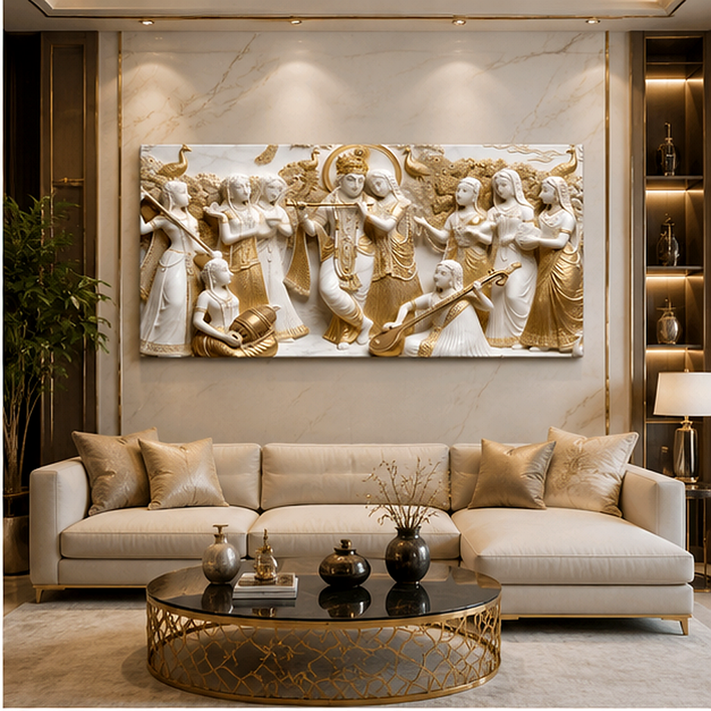 Elegant Modern 3D Wall Art Sculpted Marble Divine Radha Krishna and Gopis Canvas Painting