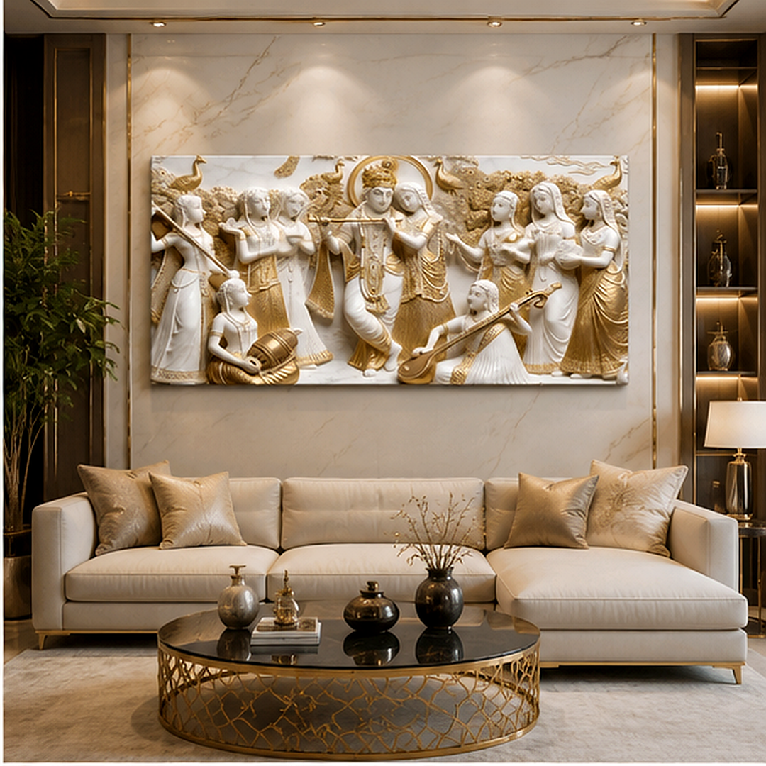 Elegant Modern 3D Wall Art Sculpted Marble Divine Radha Krishna and Gopis Canvas Painting