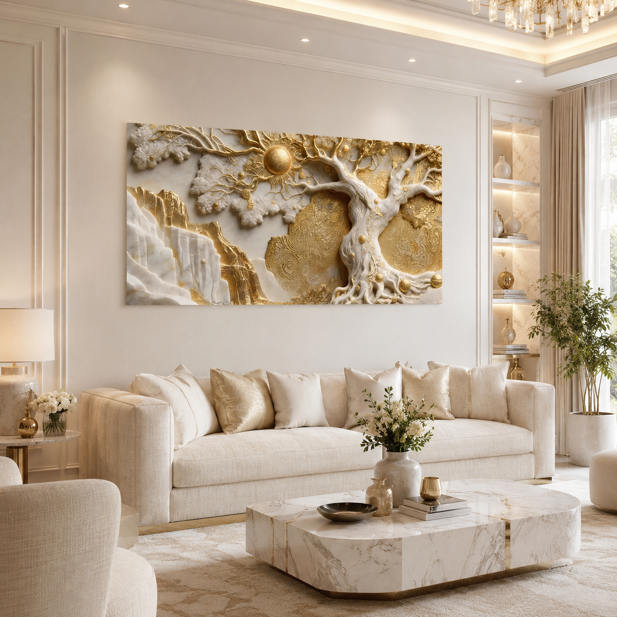 Auspicious 3D Golden Tree of Life Canvas Painting High End Vastu and Feng Shui Inspired Wall Art Decor