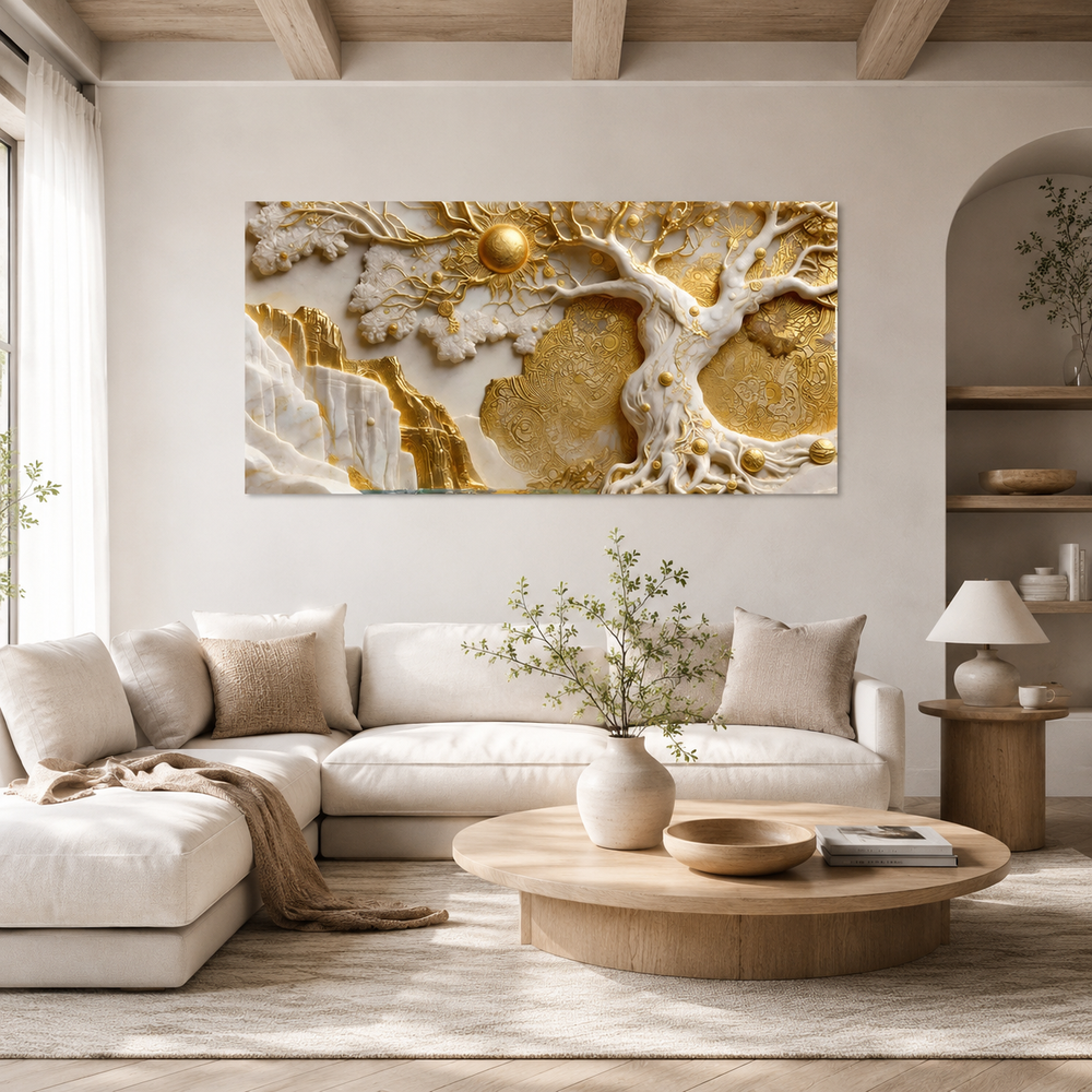 Auspicious 3D Golden Tree of Life Canvas Painting High End Vastu and Feng Shui Inspired Wall Art Decor