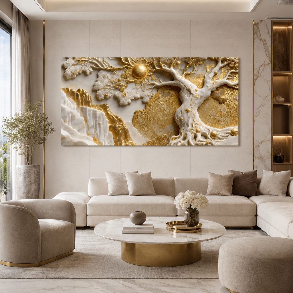Auspicious 3D Golden Tree of Life Canvas Painting High End Vastu and Feng Shui Inspired Wall Art Decor