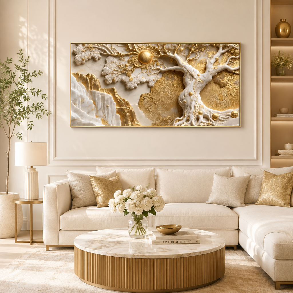 Auspicious 3D Golden Tree of Life Canvas Painting High End Vastu and Feng Shui Inspired Wall Art Decor