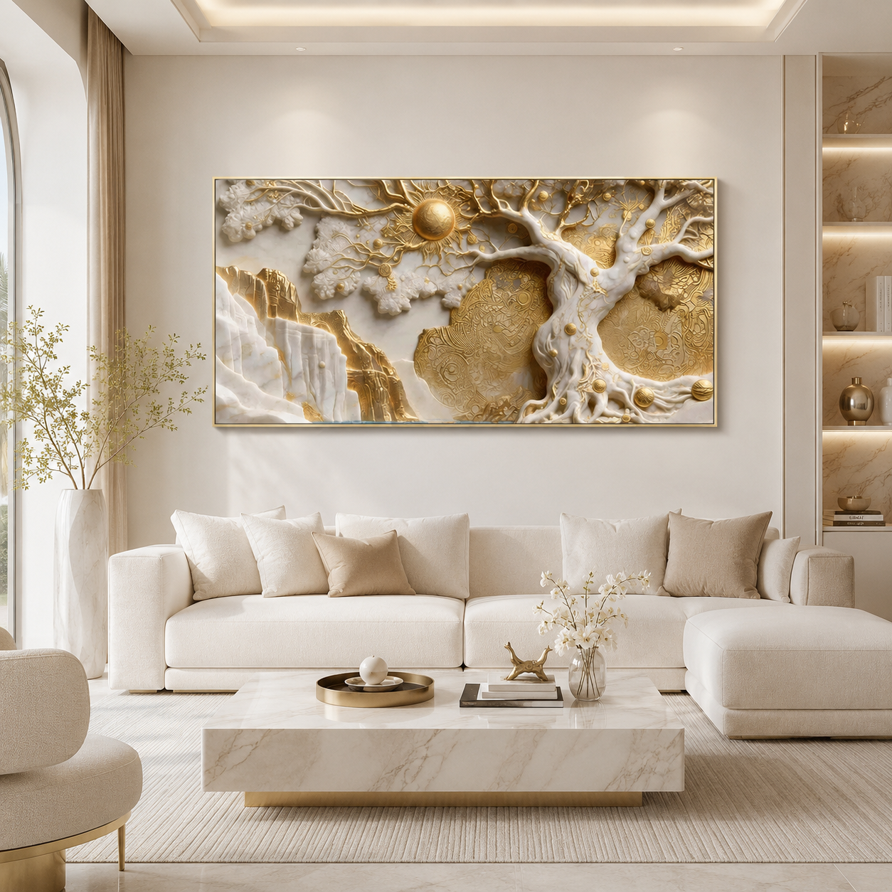 Auspicious 3D Golden Tree of Life Canvas Painting High End Vastu and Feng Shui Inspired Wall Art Decor