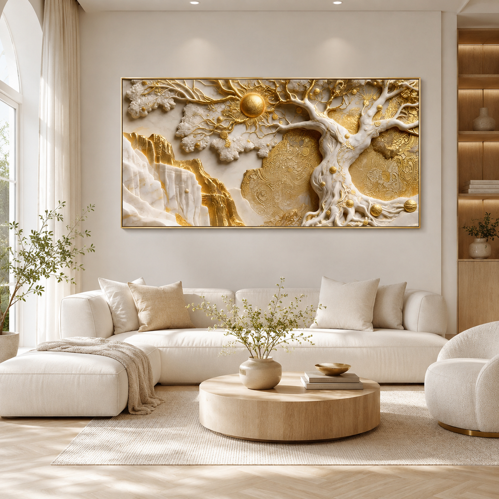 Auspicious 3D Golden Tree of Life Canvas Painting High End Vastu and Feng Shui Inspired Wall Art Decor