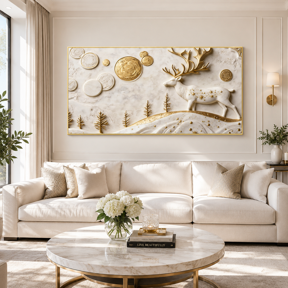 Traditional 3D Embossed Golden Stag and Landscape Painting High End Marble Effect Canvas Wall Painting