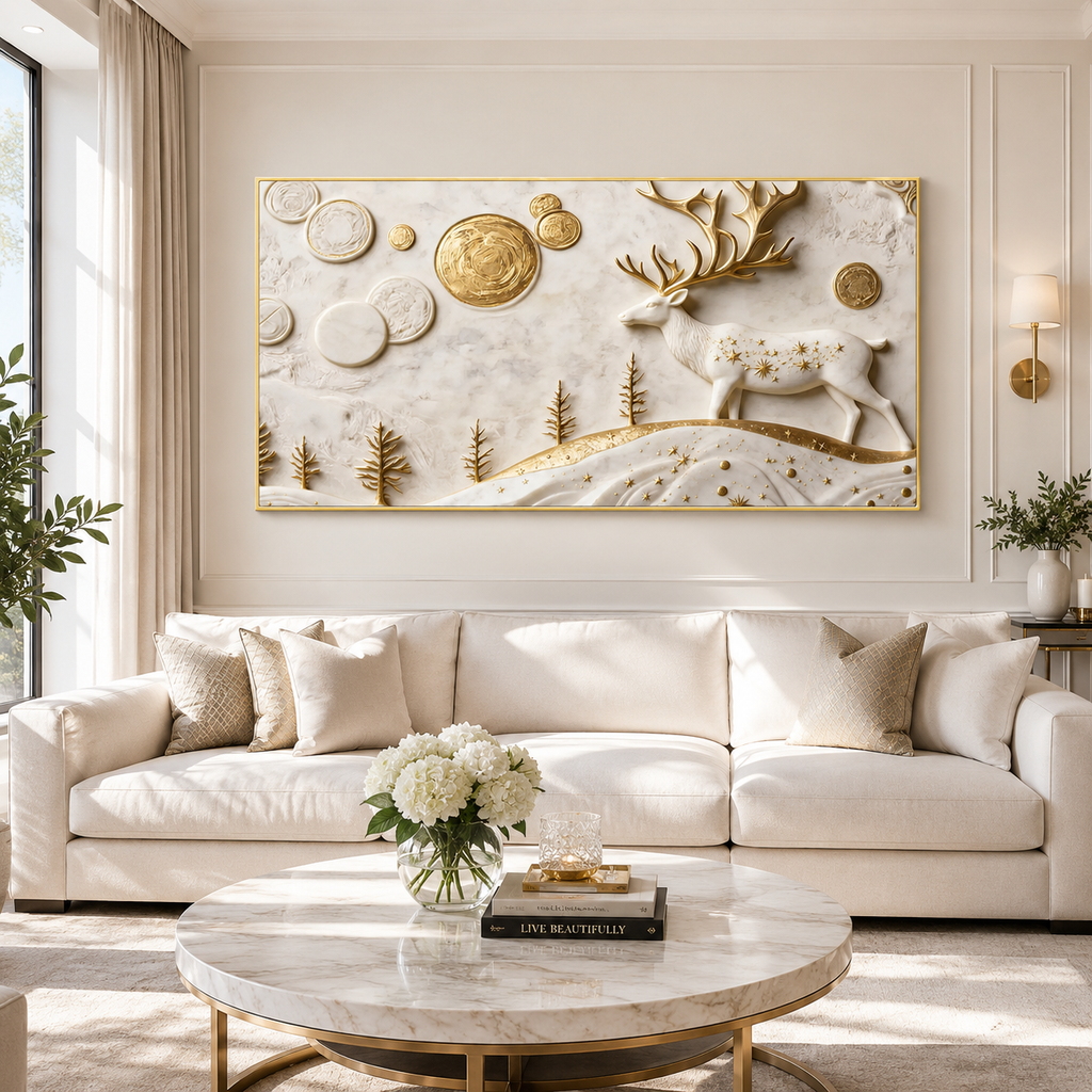 Traditional 3D Embossed Golden Stag and Landscape Painting High End Marble Effect Canvas Wall Painting